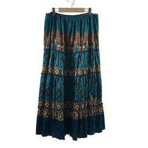 Ninety Teal Paisley‎ Tiered Maxi Skirt Womens Large Velvet Sequin Boho Size L